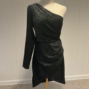 All Saints Black velvet with silver threading one shoulder dress